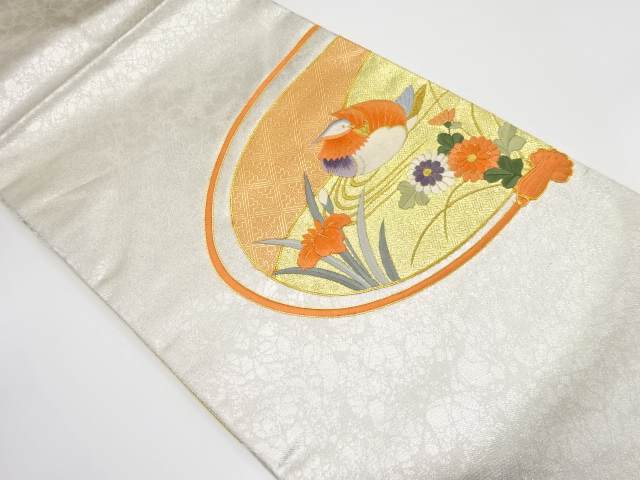 パッチワーク　鴛鴦に菊・菖蒲模様　刺繍　名古屋帯